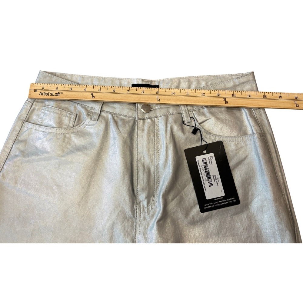 PrettyLittleThing Straight Leg Pants Womens 12 Silver Holographic Split Hem NEW - Picture 4 of 10